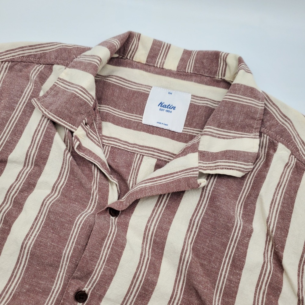 Katin Mens Small Striped Short Sleeve Cotton Linen Button Up Shirt Burgundy